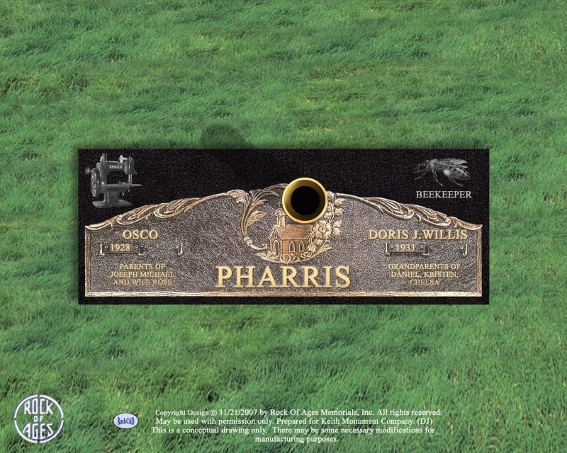 Pharris Custom Bronze Flat Markers Shape with Chapel and Beekeper