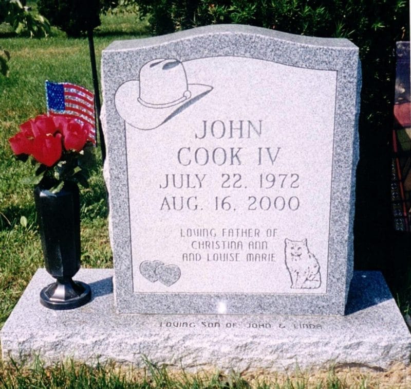 Cook Headstone with Cowboy Hat Cat and Hearts Designs